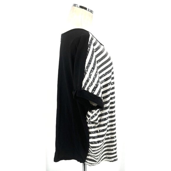 Lane Bryant Sequin Top Sz 26/28 Black White Short Sleeve Zip Back Cotton Blend - Picture 4 of 6